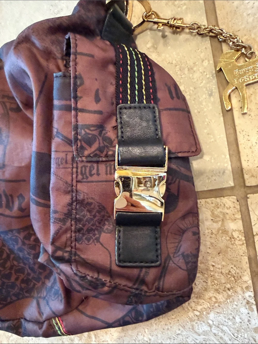 Casual Brown Graphic Crossbody Bag with Black Strap